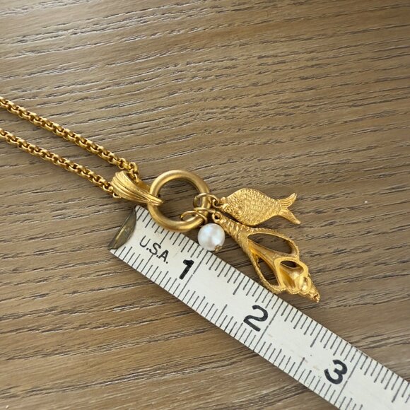 Gold-Tone Charm Necklace With Fish & Shell Pendants And Faux Pearl Accent - Picture 6 of 6